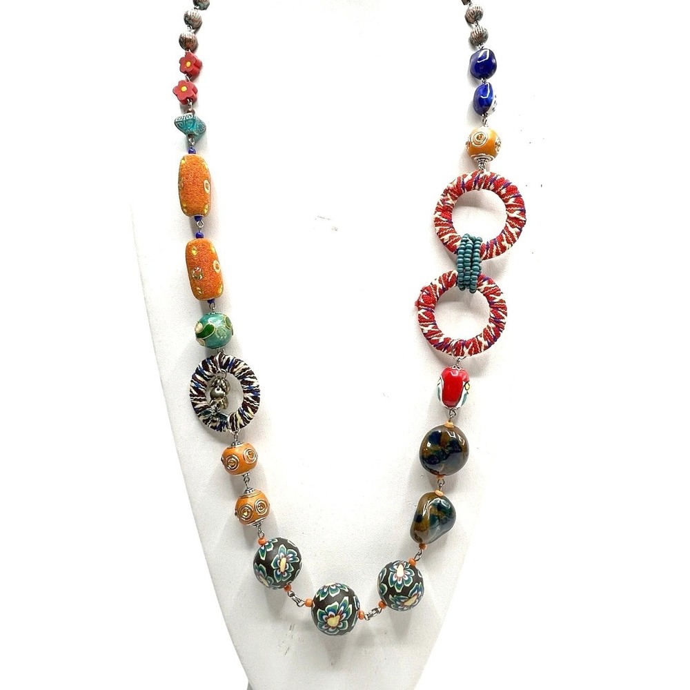 Vintage Treska Long Colorful Bead Necklace Bohemian Artsy